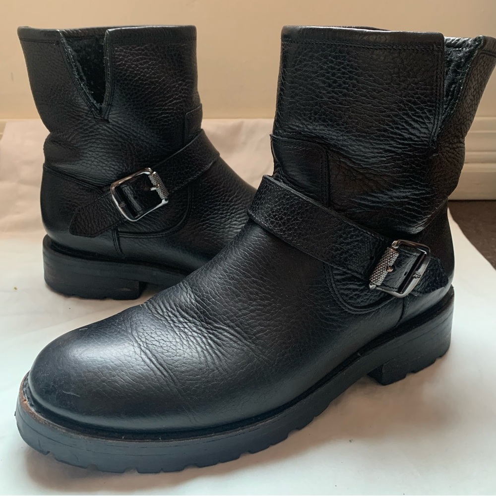Frye Natalie Black Leather Shearling Moto Ankle Boots with Buckle